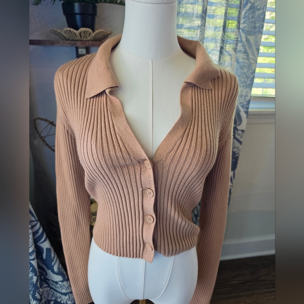 aerie Ribbed Button-Front Collared Cardigan - Camel